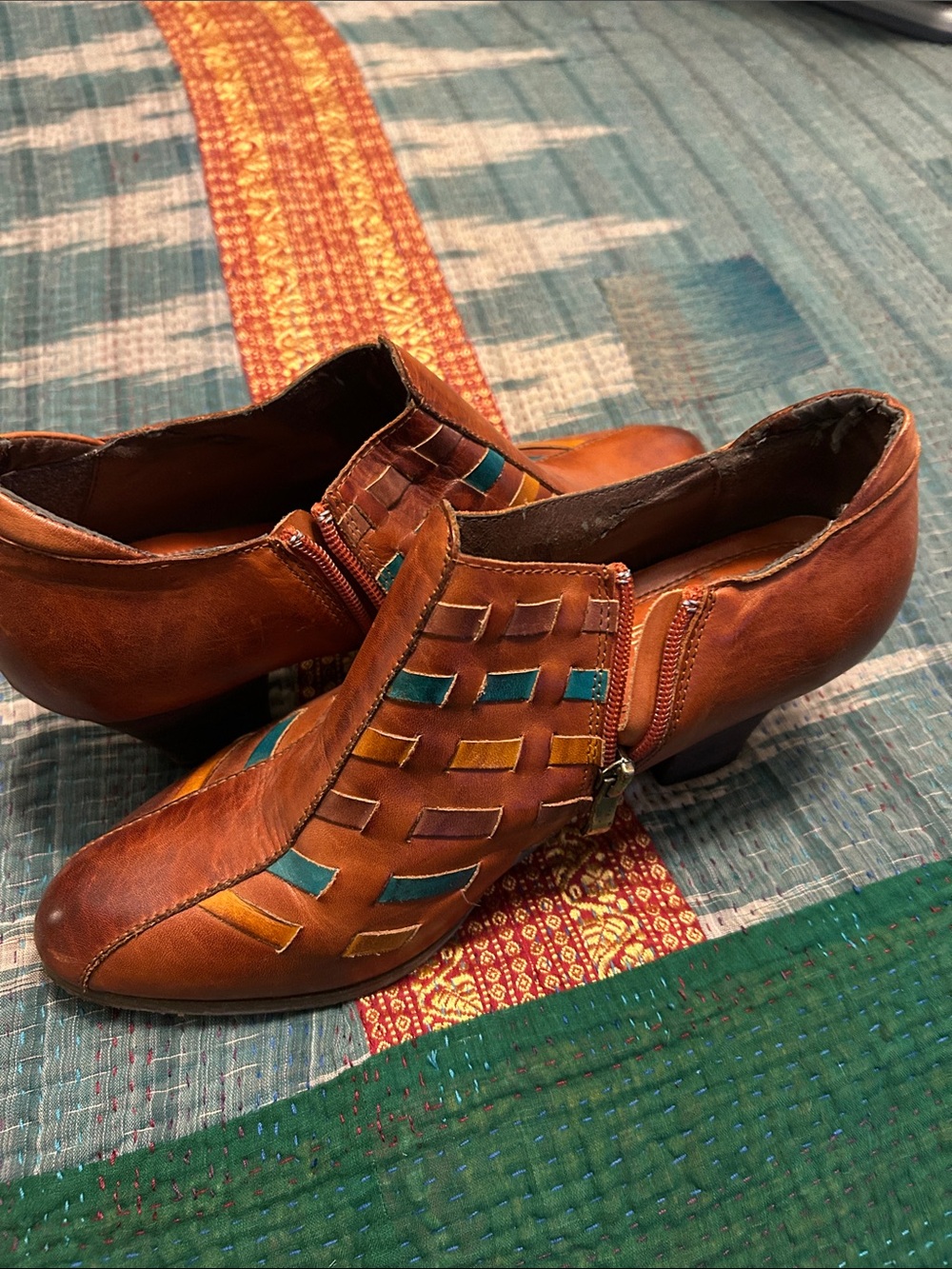 Handcrafted Brown Leather women’s zip-in bootie with Teal & Mustard Accents